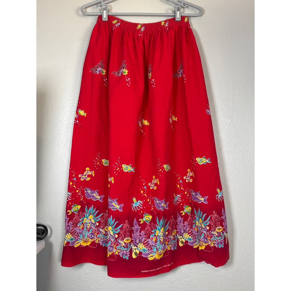 Vintage Tropical Fish Print Maxi Skirt Small Sea Marine Life Playful Red Vacay